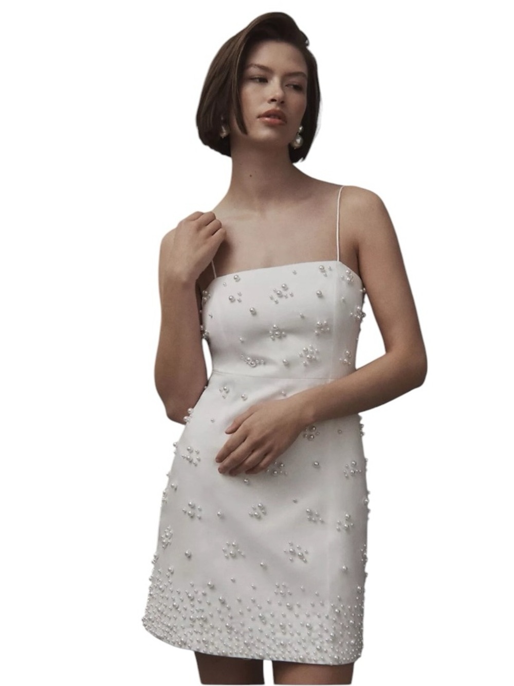 BHLDN x Anthropologie - Straight-Neck Pearl Beaded Bridal Mini Dress White Sz L